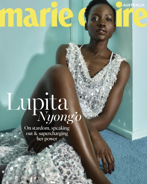 Marie Claire Australia magazine cover featuring Lupita Nyong'o in a sparkling dress, seated against a pale turquoise wall and floor.