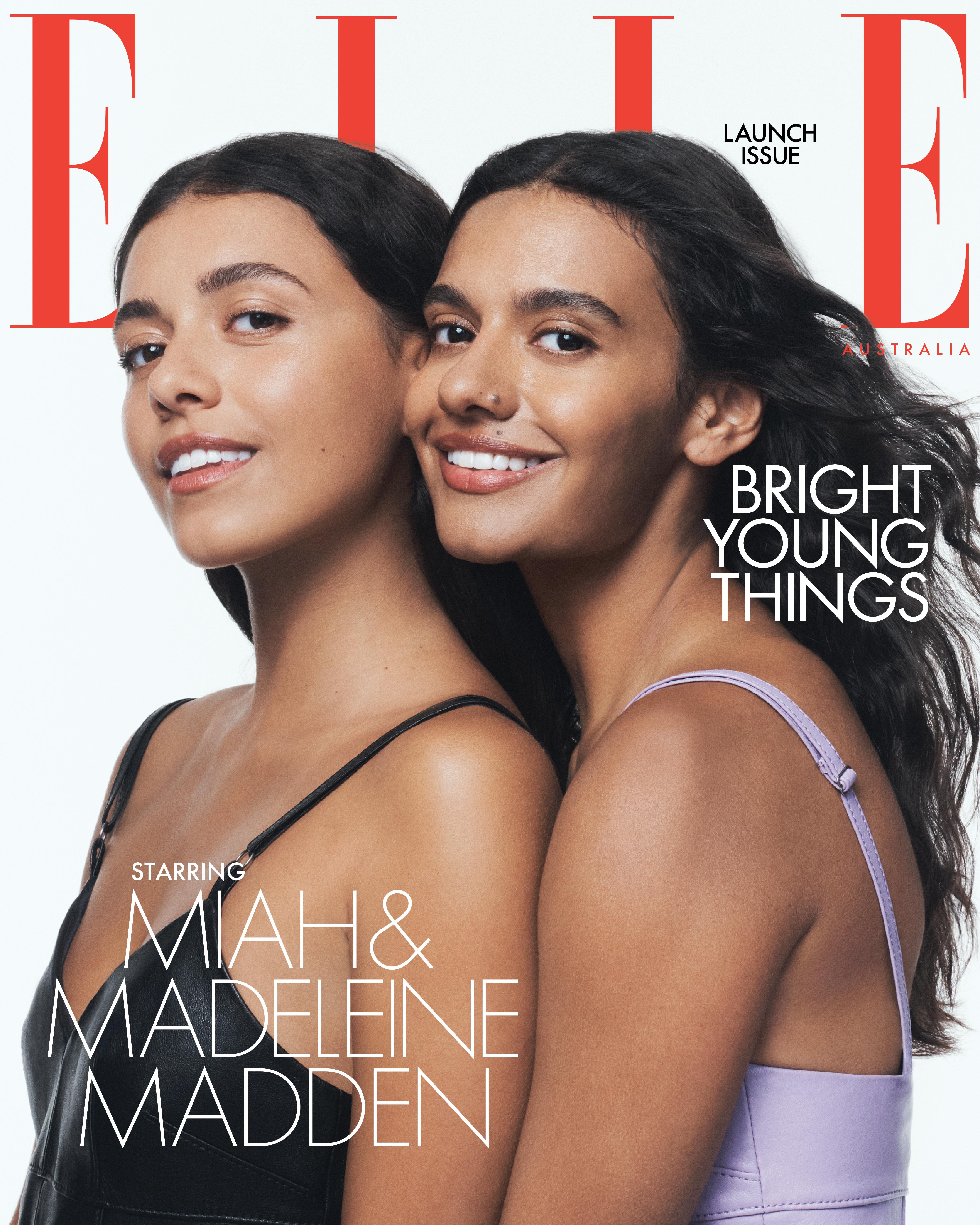 Elle Australia magazine cover featuring Miah and Madeleine Madden, showcasing portrait photography, fashion, and editorial style on a white background.