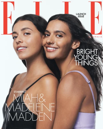 Elle Australia magazine cover featuring Miah and Madeleine Madden, showcasing portrait photography, fashion, and editorial style on a white background.