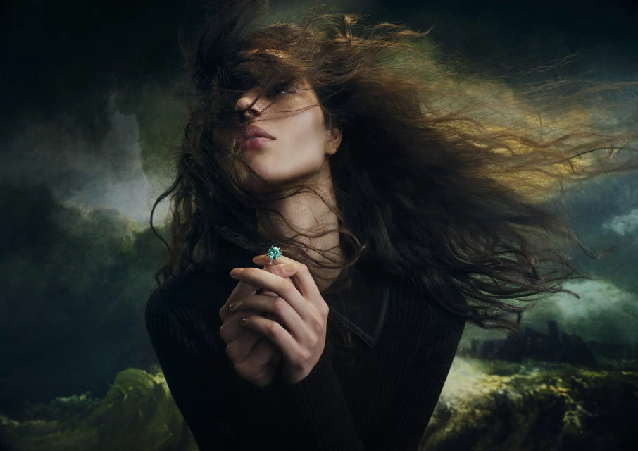 Brunette woman with wavy hair holds a blue-green gemstone ring against a dark, stormy sky background, showcasing jewelry fashion.