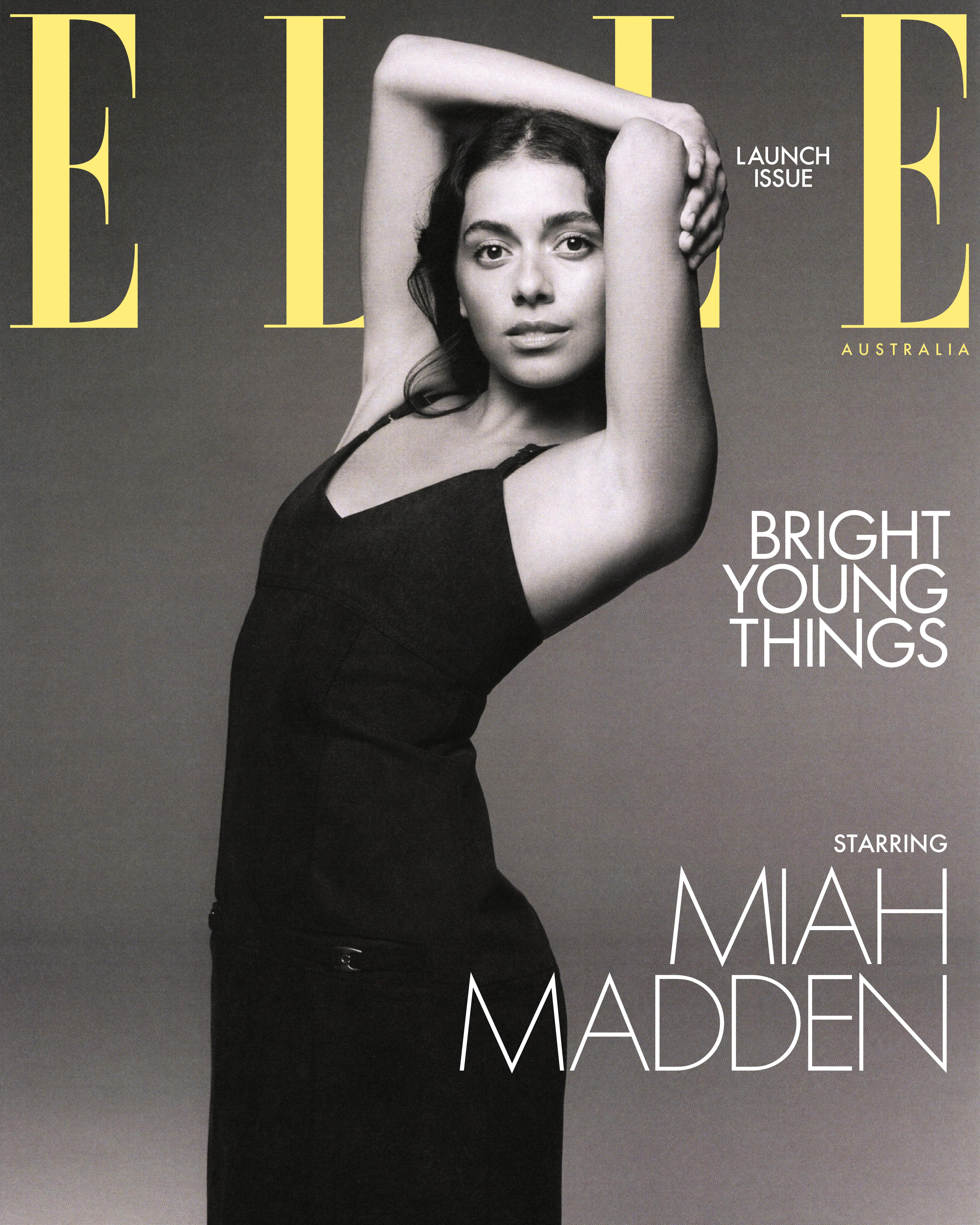 Black and white magazine cover featuring Miah Madden posing in a black slip dress against a grey studio backdrop.