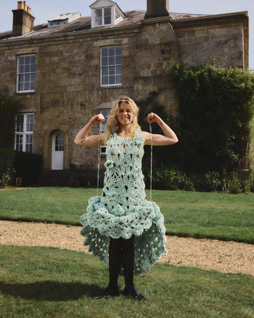 A smiling adult woman poses outdoors in a crochet dress against a backdrop of a large stone house and green lawn, flexing her biceps.