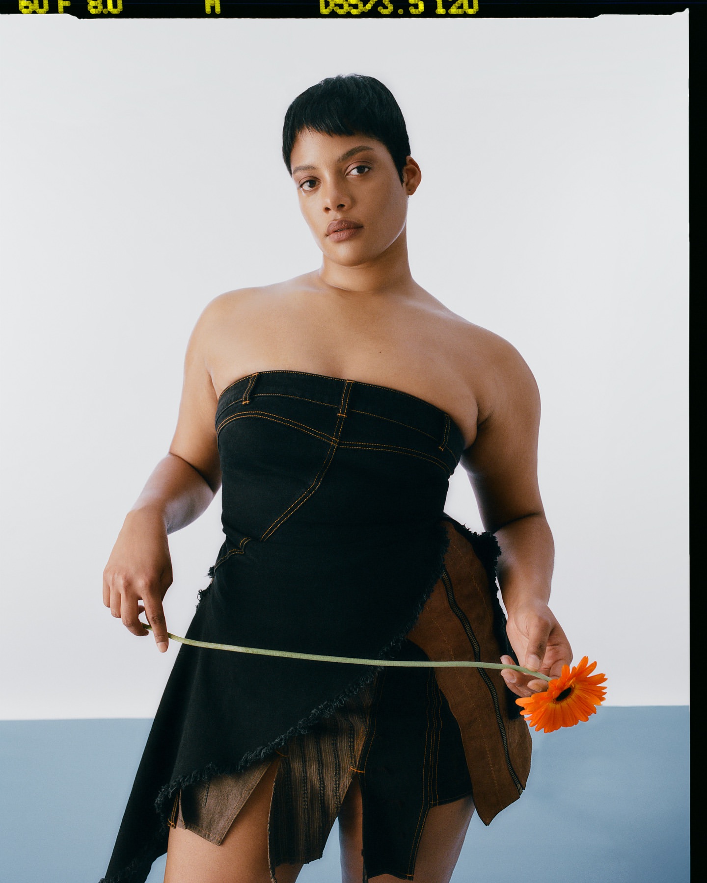 A short-haired woman in a strapless dress holds an orange gerbera daisy in a studio shot against a color-blocked white and blue background.