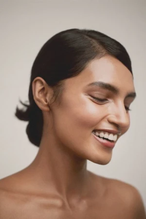 Close-up portrait of a smiling woman with dark hair pulled back, showing a clean, makeup-enhanced look against a neutral background.