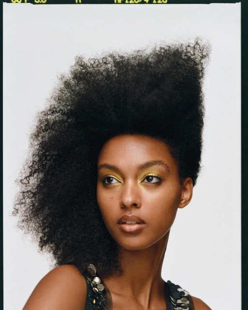 Striking portrait of a woman with large afro hairstyle, adorned with gold eyeshadow, gazing off-camera against a stark white backdrop.