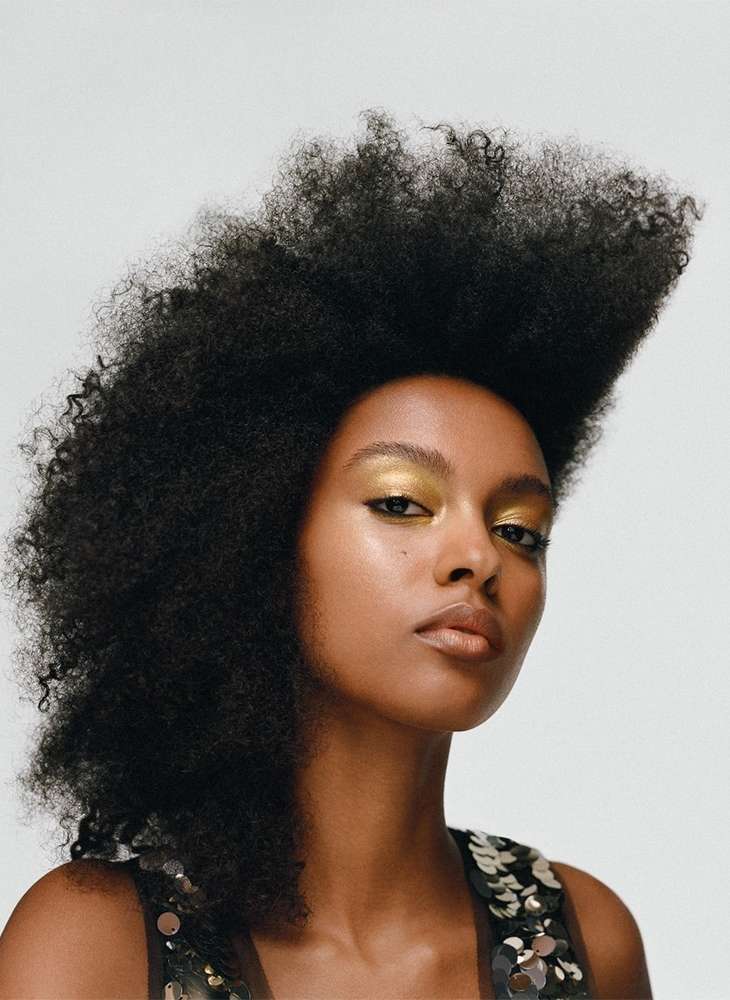 Close up portrait of a Black woman with voluminous textured afro hair wearing metallic gold eyeshadow against a plain white background
