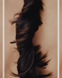 Close-up of a dark brown twisted braid of hair against a warm tan background framed by white vertical border lines.