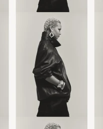 Model with blonde short hair wearing a black leather jacket and large diamond-shaped earrings against a grey background.
