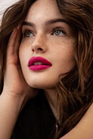 Close-up portrait of a woman with freckles and vibrant pink lipstick resting her hand near her face.