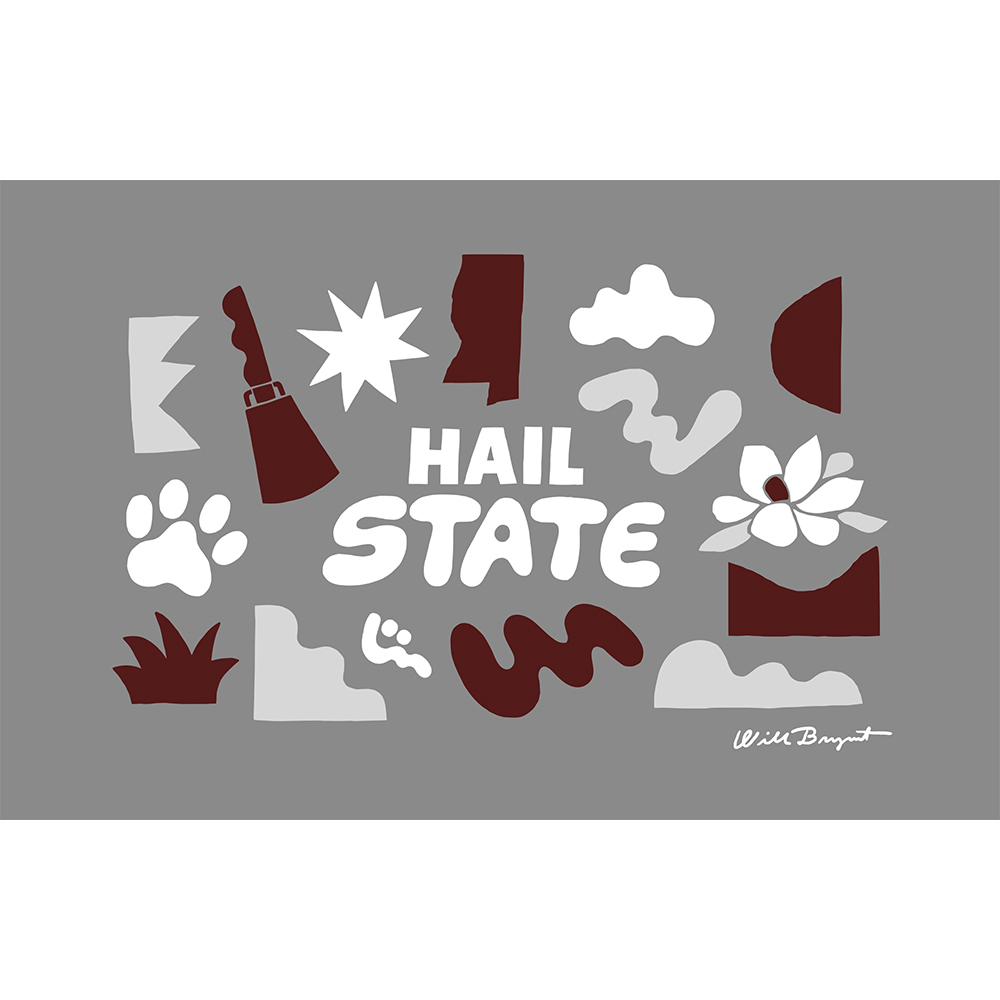A modern graphic art piece featuring Mississippi State University's 'Hail State' slogan, with maroon and white shapes and symbols.