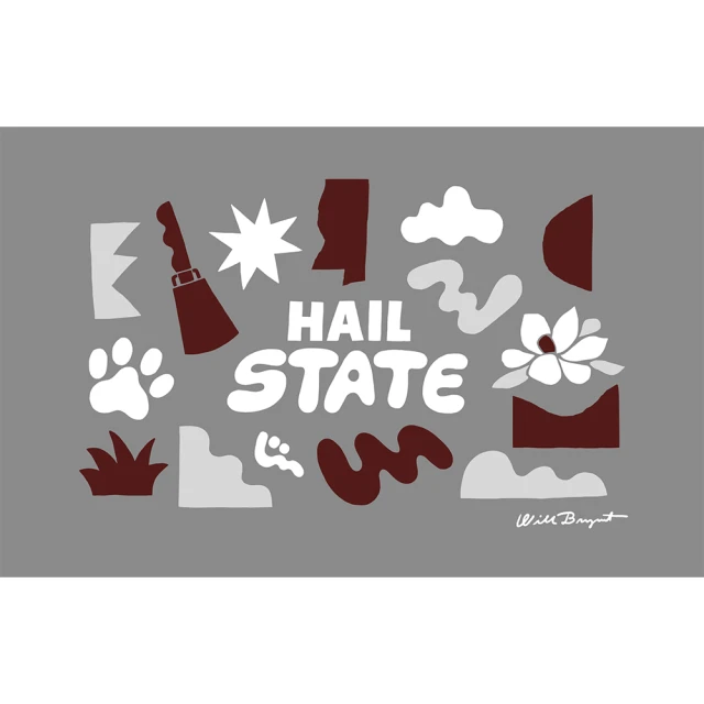 A modern graphic art piece featuring Mississippi State University's 'Hail State' slogan, with maroon and white shapes and symbols.