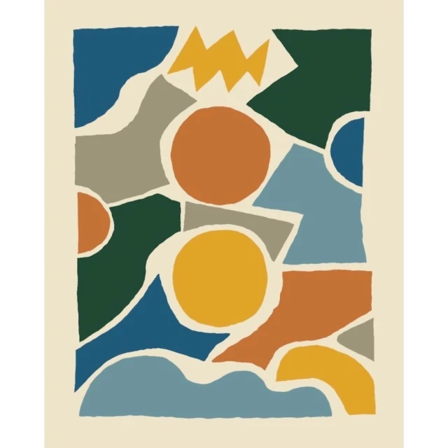 Abstract geometric shapes art print with blue, green, and yellow, perfect for modern wall decor, poster, or background.