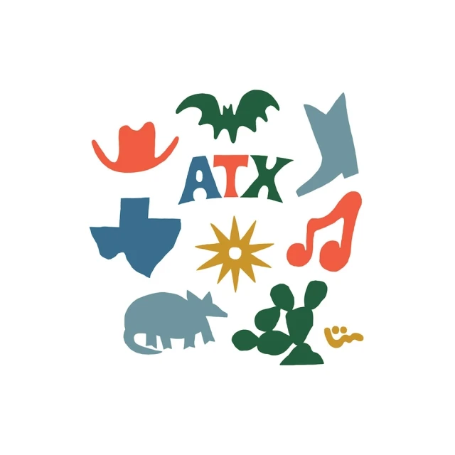 Digital illustration of Texas-themed icons including a bat, cactus, cowboy hat, musical notes, and the letters ATX, on a white background.