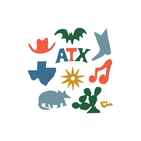 Digital illustration of Texas-themed icons including a bat, cactus, cowboy hat, musical notes, and the letters ATX, on a white background.