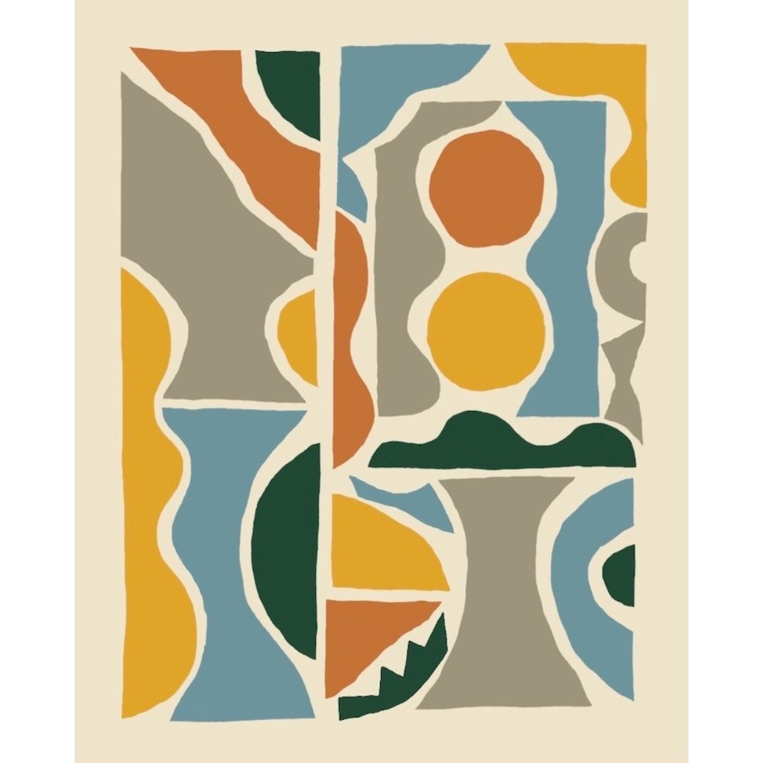 Abstract art print with geometric shapes in blue, brown, green, yellow, and beige arranged in a rectangular pattern on a neutral background.