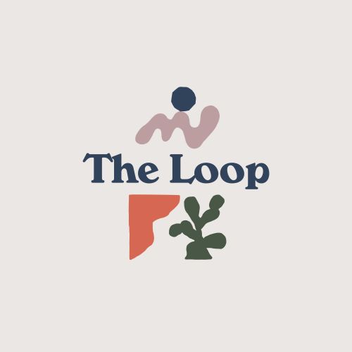 Abstract logo for The Loop featuring simple shapes like a circle, curved lines, a rectangle, and a plant on an off-white backdrop.