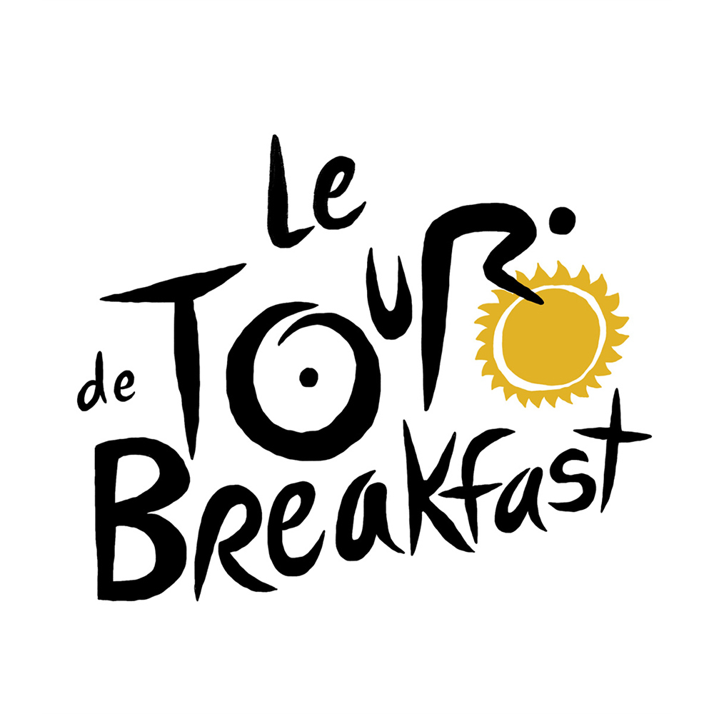 Graphic logo art with stylized, hand-lettered text reads 'Le Tour de Breakfast' with a bright yellow sun accenting the design.