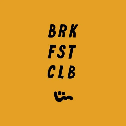 Graphic art with the text 'BRK FST CLB' in stacked black letters, accompanied by a minimalist face drawing on a yellow background.