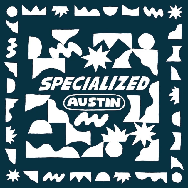 Abstract logo artwork for Specialized Austin featuring white geometric shapes and stylized text on a dark blue background.