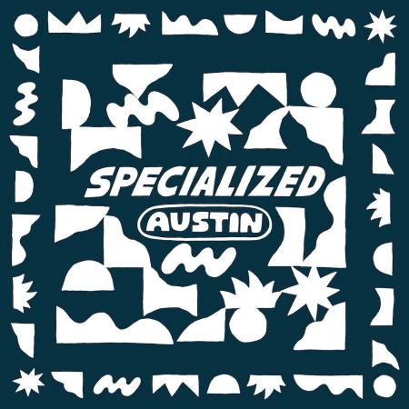 Abstract logo artwork for Specialized Austin featuring white geometric shapes and stylized text on a dark blue background.