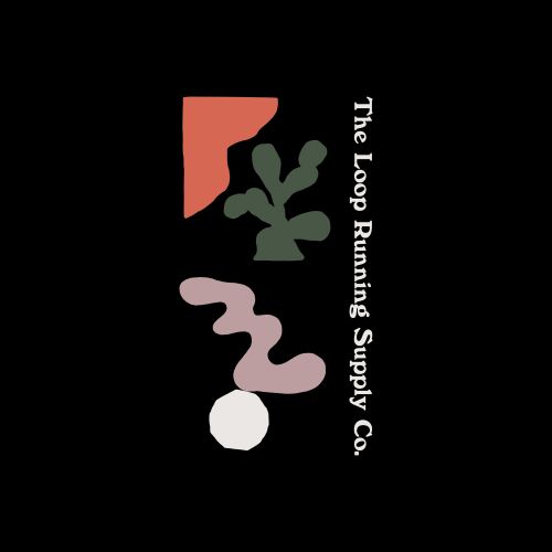 Abstract logo design with coral, green, pink, and white shapes on a black background, accompanied by white text: The Loop Running Supply Co.