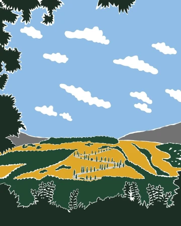 Illustration of an expansive landscape with rolling hills in shades of green and yellow, beneath a blue sky dotted with fluffy clouds.