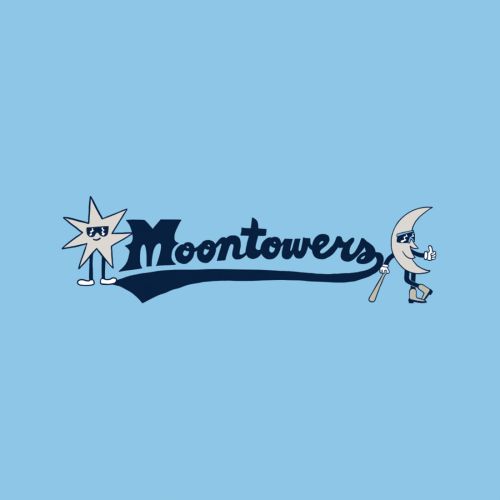 Cartoon style design features a star and moon character flanking the word "Moontowers" on a light blue background.