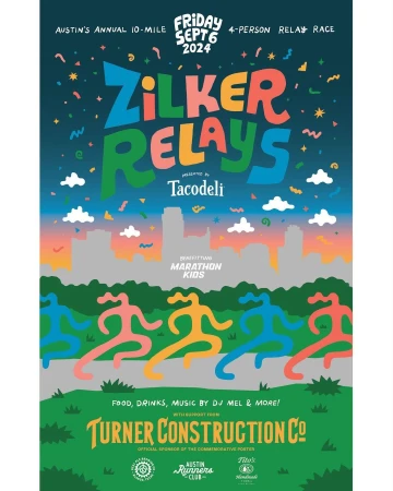 Promotional poster for Zilker Relays 2024, an annual 10-mile 4-person relay race. Features stylized illustrations of runners and city skyline.