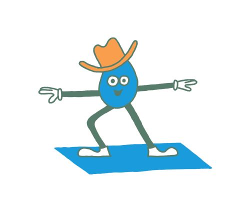 Cartoon figure balances in yoga pose with cowboy hat on blue mat against white background in this digital illustration.