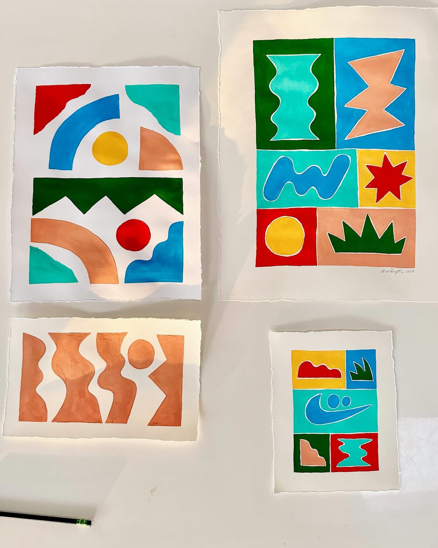 Four abstract, colorful artworks on white background, featuring geometric shapes and bright, contrasting colors in a modern art style.