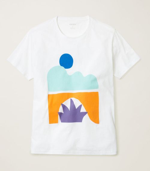 White t-shirt with a graphic design featuring a blue circle, mint green cloud-like shapes, an orange rectangle, and a purple plant.