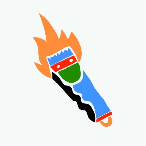Illustration of a colorful, cartoon-styled flaming paintbrush with a blue handle, set against a white backdrop in a vector art style.