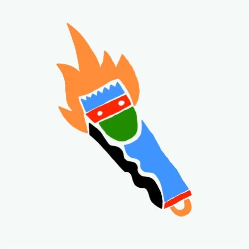 Illustration of a colorful, cartoon-styled flaming paintbrush with a blue handle, set against a white backdrop in a vector art style.