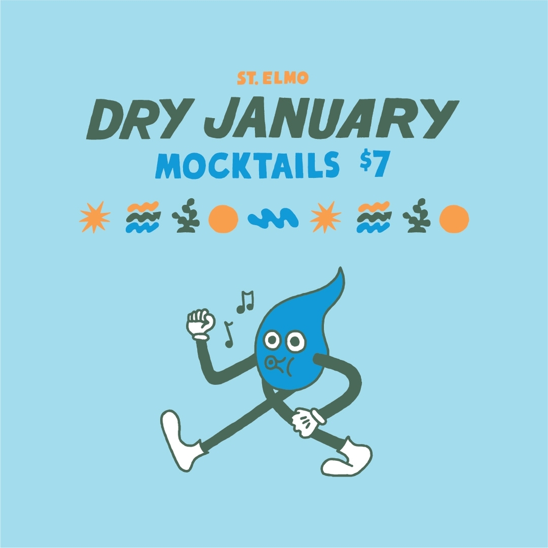 Whimsical promotional art featuring a blue water droplet character for 'Dry January Mocktails,' set against a light blue background.