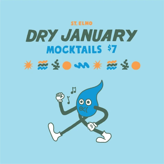 Whimsical promotional art featuring a blue water droplet character for 'Dry January Mocktails,' set against a light blue background.