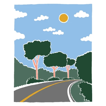 Illustration of a gray road curving through a green landscape with trees under a light blue sky with white clouds and a yellow sun.