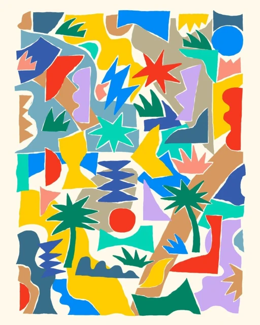 Abstract geometric collage with palm trees, stars, and shapes in bright colors, creating a vibrant and playful design on an off-white background.