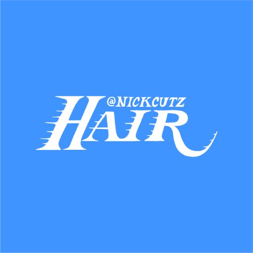 Hair logo with the text '@NICKCUTZ' in white against a light blue background. Bold design with motion lines and a modern aesthetic.