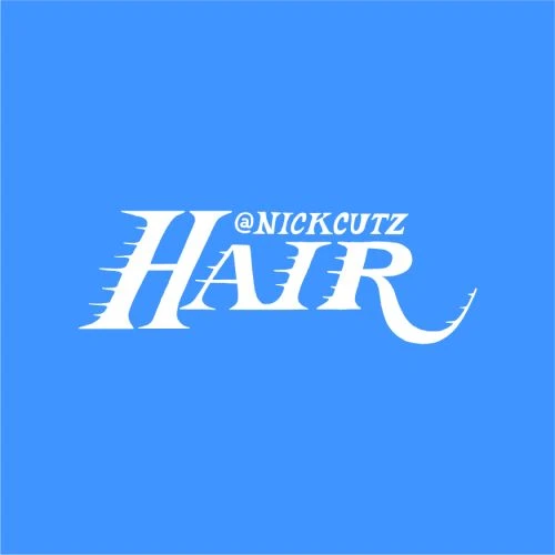 Hair logo with the text '@NICKCUTZ' in white against a light blue background. Bold design with motion lines and a modern aesthetic.