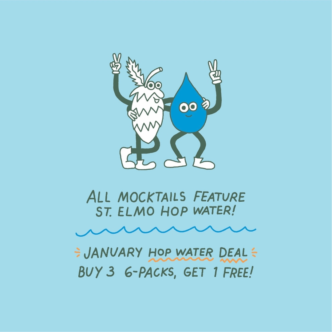 Illustration of anthropomorphic hop and water drop characters promoting a mocktail deal on a light blue background. All mocktails featured.
