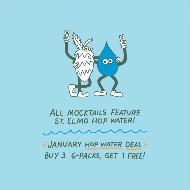 Illustration of anthropomorphic hop and water drop characters promoting a mocktail deal on a light blue background. All mocktails featured.