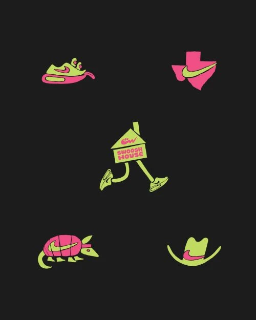 Five Nike themed cartoon images in neon green and pink on a black background, including shoe-monster, Texas state, house-man, armadillo, cowboy hat.