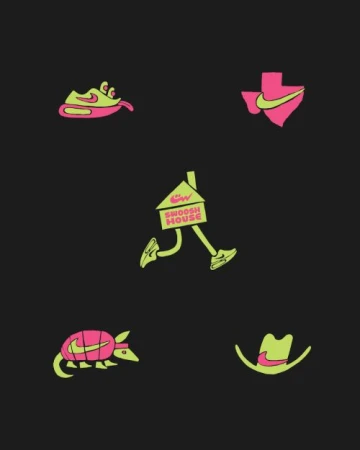 Five Nike themed cartoon images in neon green and pink on a black background, including shoe-monster, Texas state, house-man, armadillo, cowboy hat.