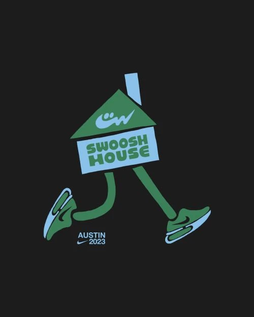 Illustrated graphic of the Nike Swoosh House with legs and shoes, set against a solid black backdrop with the text Austin 2023.