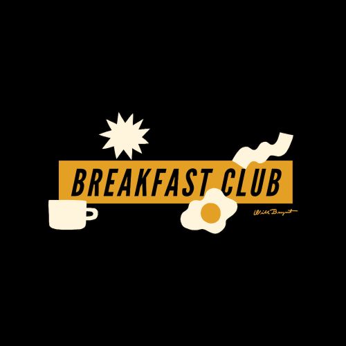 Illustration of breakfast food items including a fried egg, bacon, coffee, and a starburst on a black background with gold text.