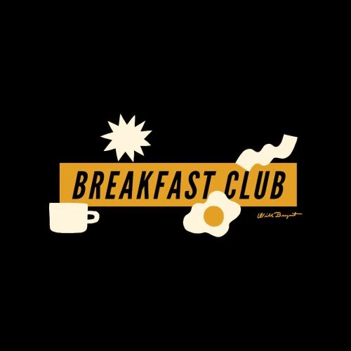 Illustration of breakfast food items including a fried egg, bacon, coffee, and a starburst on a black background with gold text.