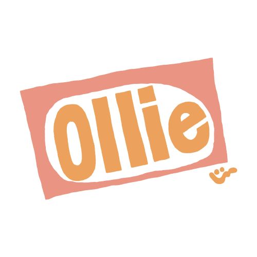 Ollie logo displayed on a white background. The text is orange and surrounded by a pink rectangle with rounded corners.