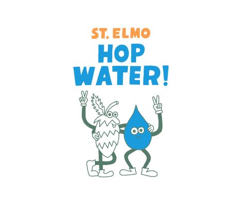 St. Elmo hop water cartoon-style graphic featuring a personified hop cone and water droplet making peace signs on a white background.