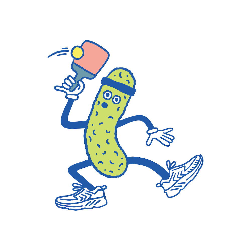 Illustration of a cartoon pickle character playing table tennis, wearing sneakers and a sweatband, against a white background.