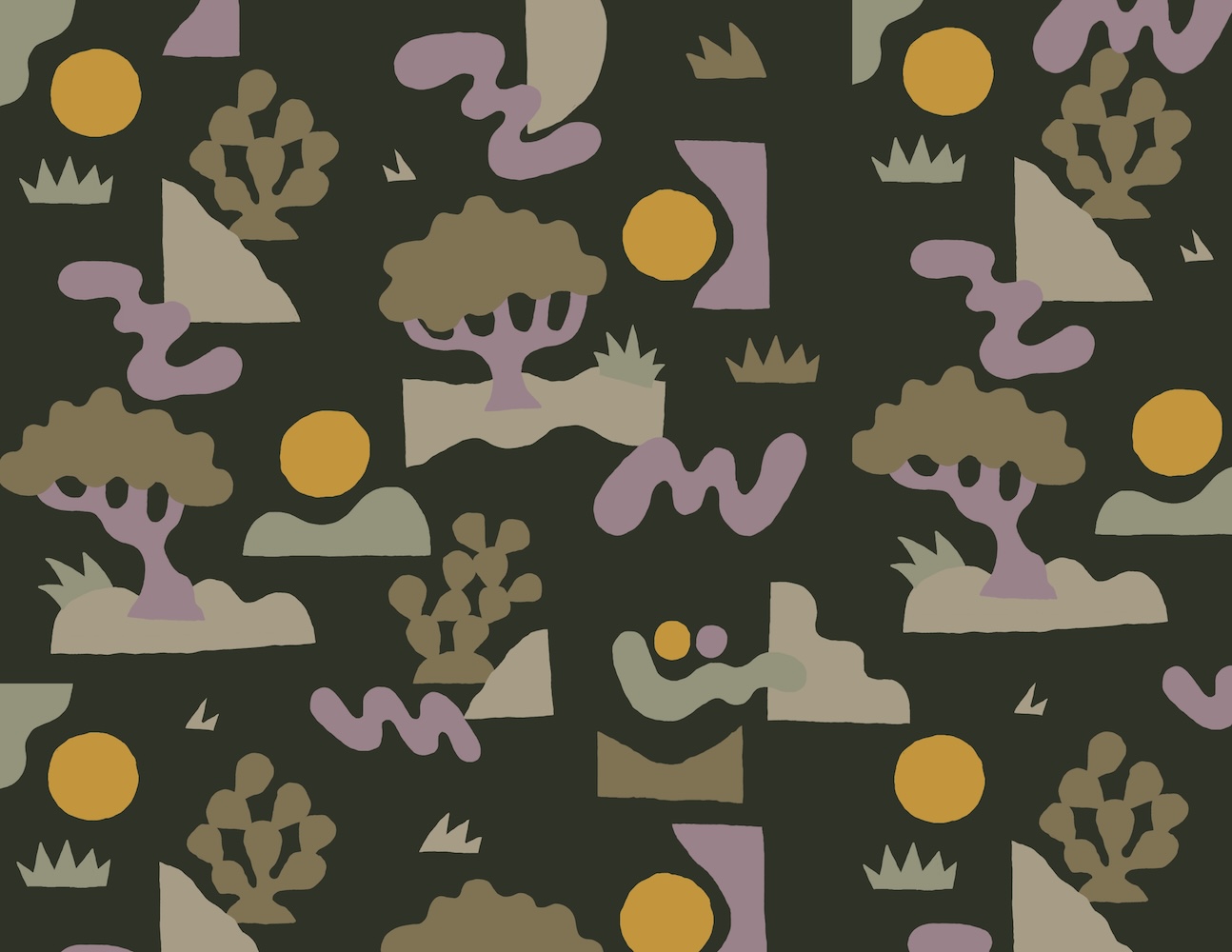 Pattern of illustrated cartoon trees, suns, cacti, and abstract shapes in shades of brown, tan, yellow, purple, and green on dark background.